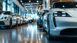 A photograph capturing the elegant interior design of an automotive showroom.