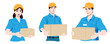 Set of couriers, men and women, wearing blue shirts and orange caps, holding cardboard boxes in their hands. Flat design illustration.