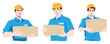 Set of male couriers in blue shirts and orange caps holding cardboard boxes in their hands. Flat design illustration.