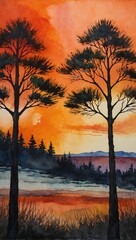 Poster - Sunset over the forest in watercolor