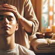 Relaxed man receiving head massage. Hands of masseuse manually massaging the head of a client. Enjoying scalp treatment at spa. Facial massage in a beauty clinic. Generative AI