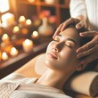 Relaxed woman receiving head massage. Hands of masseuse manually massaging the head of a client. Enjoying scalp treatment at spa. Facial massage in a beauty clinic. Generative AI