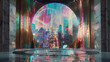 A glitched-out holographic skyline dancing across the circular marble mosaic, reflecting the fragmented reality of the cyberpunk cityscape outside the office window.