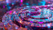 A cybernetic serpent slithering across the circular marble mosaic, its neon scales shimmering against the backdrop of the futuristic cityscape in the office.
