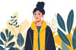 Illustration of an elegant woman wearing yellow and black stands in front of foliage and plants, wearing an oversized coat with her hair in a bun hairstyle, against a white background