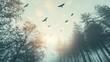 view of Flock of birds flying over early morning misty forest on trees and hills at sunrise