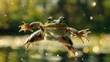 Design a scene where a frog is realistically shown both flying and laughing, capturing the whimsical and unexpected moments in nature