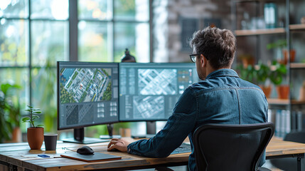 rear view of architect working on 3D rendering with a desktop computer, design studio