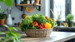 A bright and inviting consultation room where a nutritionist advises a patient, a basket of vibrant vegetables on the desk