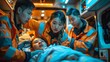A focused view inside an ambulance showing Asian paramedics comforting a patient during a high-speed transfer at dusk