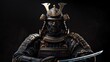 A majestic Shogun in ornate armor stands imposingly, sword drawn, against a stark black background, exuding power