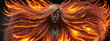 Witch woman with flaming flying red hair and fiery eyes on a dark background. Illustration with evil demon in a female form with a burning charred hairdo.