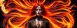 Woman with flaming flying red hair and fiery eyes in rich clothes with jewelry on a dark background. Illustration with a frightening girl with a burning hairstyle.
