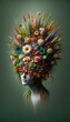 Artistic Representation of a Woman's Profile with an Explosion of Colorful Flowers, Symbolizing Growth and Vitality
