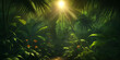 Jungle on a sunny day. Beautiful tropical forest with exotic plants, flowers, palm trees, big leaves and ferns. Thicket of the rainforest. Bright sun, sunbeams through the foliage.