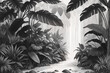 Jungle illustration in grayscale. Painted beautiful tropical forest with exotic plants, palm trees, big leaves and ferns. Thicket of the rainforest. Nature drawing.