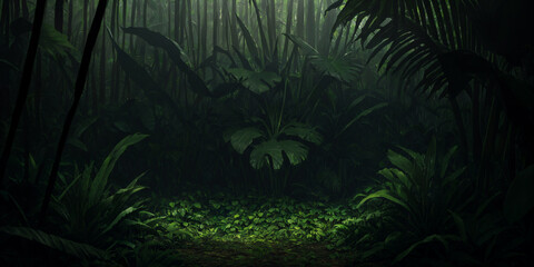 Wall Mural - Wild jungle in night. Scary thicket of the rainforest. Dark tropical forest with exotic plants, palm trees, big leaves and ferns. Green vegetation illuminated by moonlight.