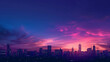 City skyline under a twilight sky, Buildings silhouetted against a backdrop of deep blue and magenta, composition from a high vantage point, urban lights starting to twinkle as night falls