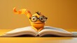 An endearing orange caterpillar with oversized glasses deeply engrossed in reading an open book