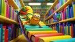 A playful cartoon caterpillar with big eyes crawls among vibrantly colored bookshelves in a library, evoking a sense of fun and learning.