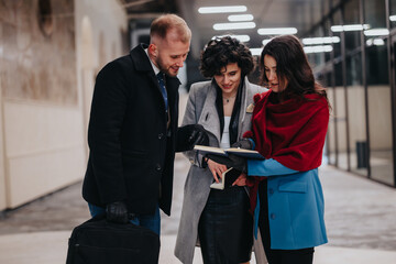 Canvas Print - Business colleagues in stylish winter wear discussing work outdoors.