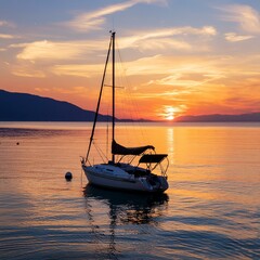 Wall Mural - Serene Boat Silhouetted on Calm Waters Against a Vibrant Sunset Sky