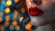 Focus on the lip color with a bokeh effect in the background to emphasize the lights.