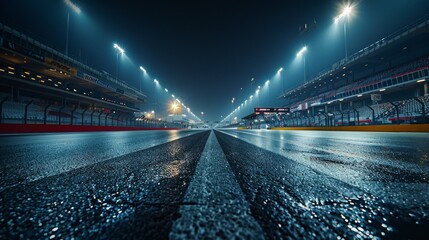 Night race anticipation built in silent track's gleam.