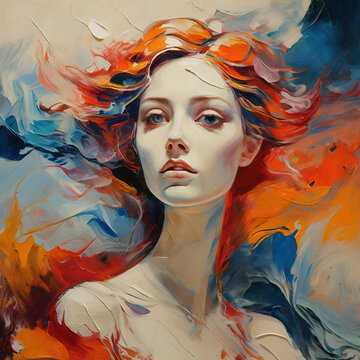 oil painting Portrait of a beautiful young woman with red hair and blue eyes. 