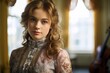 © aicandy - A Captivating Portrait of an Aspiring Musician Poised Gracefully Before the Grand Entrance of an Ornate Music Room