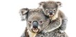 A mother koala carrying her joey on her back against a white background