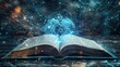 © Khoirul - Illustration of an open knowledge book, with hologram light science technology effect background illustration.