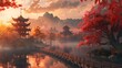 © andyaziz6 - Ancient Chinese style architecture with a golden sunset in the background, featuring red maple trees and mountains by water