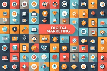  Digital Marketing Flat Icons designs. Digital Marketing Background Design with Icons Design. 