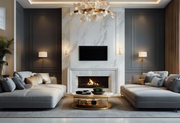 Wall Mural - details fireplace details details room 3d marble living render room living Designer Elegant