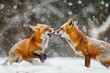 A pair of red foxes playing in a snow-covered forest clearing, Red Fox - Vulpes vulpes, sitting up at attention, direct eye contact, a little snow in its face, tree bokeh in background Red Fox. 