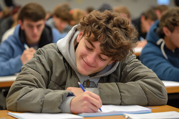 Wall Mural - Happy young student taking an exam, embracing the opportunity to showcase his knowledge and skills in the test