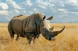 magnificent rhinoceros majestically roaming the African savannah, its imposing horn and sturdy physique embodying strength, 