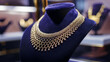 Luxurious diamond necklace displayed on a velvet mannequin, with a soft focus on glittering jewelry.