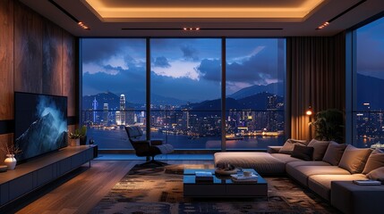 At night, the luxurious living room, the city outside the window