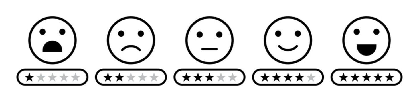 Feedback star rating emoji icon set. Rating emojis set in black color outline. Five-star rating emoji icon set. Emoji feedback scale with stars line icon. Rating emoji collection. vector illustration.