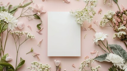 Sticker - Capture the charm of spring with this stationery mockup featuring a square card adorned with flowers beautifully captured in a flat lay shot Perfect for a spring wedding invitation or a fes