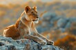  Side view of a Lion walking, looking at the camera, Panthera Leo, A lioness, Panthera leo, sitting on top of a mound, on a rocky outcrop, Single lion looking regal standing proudly on a small hill.
