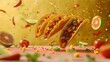 Three tacos with vibrant, fresh toppings appear suspended in air against a yellow backdrop, ingredients dynamically scattered around.