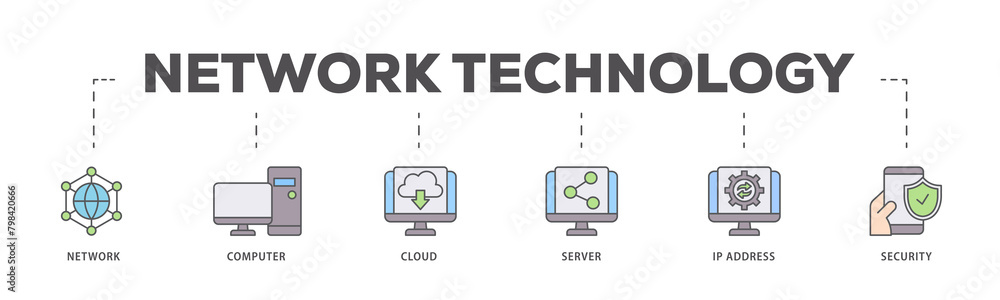 Network technology icons process flow web banner illustration of ...