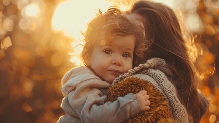 Wall Mural - Mother holding the baby in the sunshine