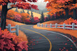 A road leading into the distance, with an autumn landscape featuring red and orange leaves on the trees, white wooden fences along both sides of the street, illustration