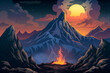 Illustration of mountain landscape under a golden moon, campfire