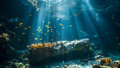 A serene underwater sea scene with blue sunlight shining through, perfect for nature and underwater exploration themes.