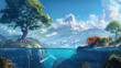 The lion standing under tree with underwater and nice view isolation background, Illustration.